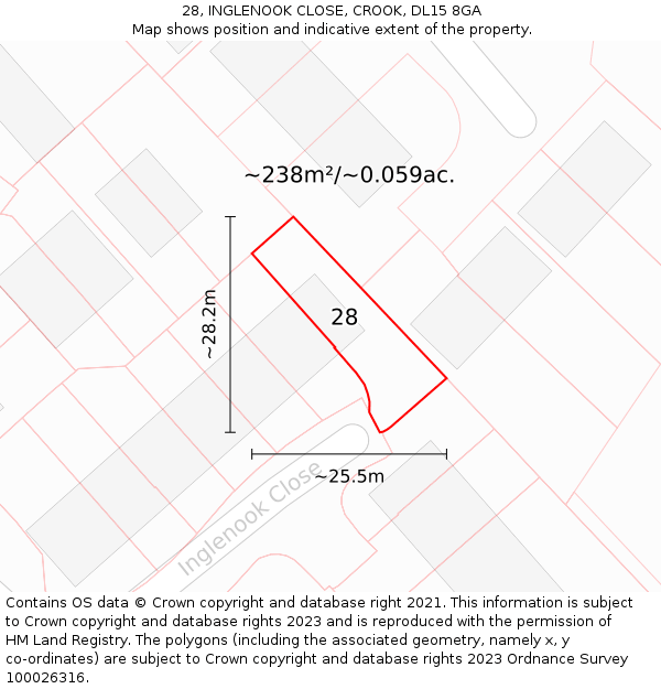 28, INGLENOOK CLOSE, CROOK, DL15 8GA: Plot and title map