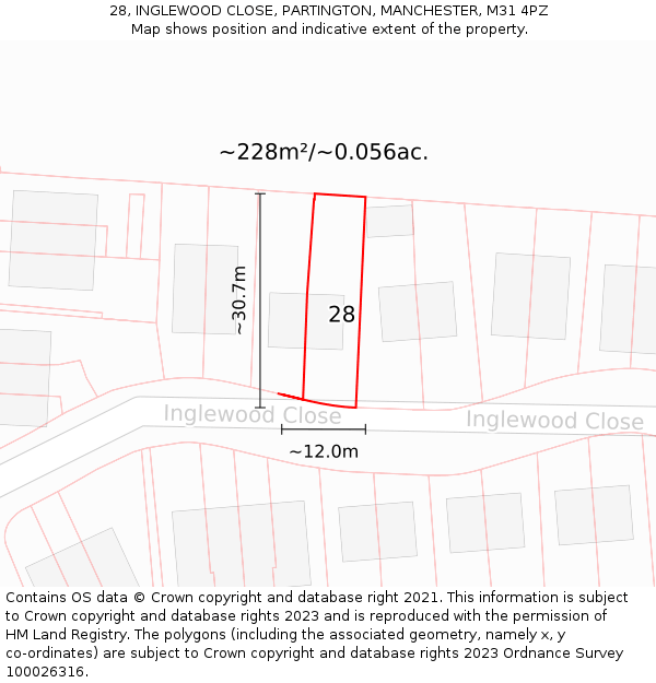 28, INGLEWOOD CLOSE, PARTINGTON, MANCHESTER, M31 4PZ: Plot and title map