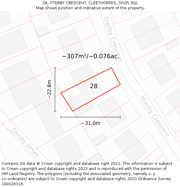 28, ITTERBY CRESCENT, CLEETHORPES, DN35 9QL: Plot and title map