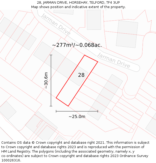 28, JARMAN DRIVE, HORSEHAY, TELFORD, TF4 3UP: Plot and title map