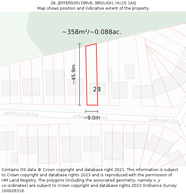 28, JEFFERSON DRIVE, BROUGH, HU15 1AQ: Plot and title map