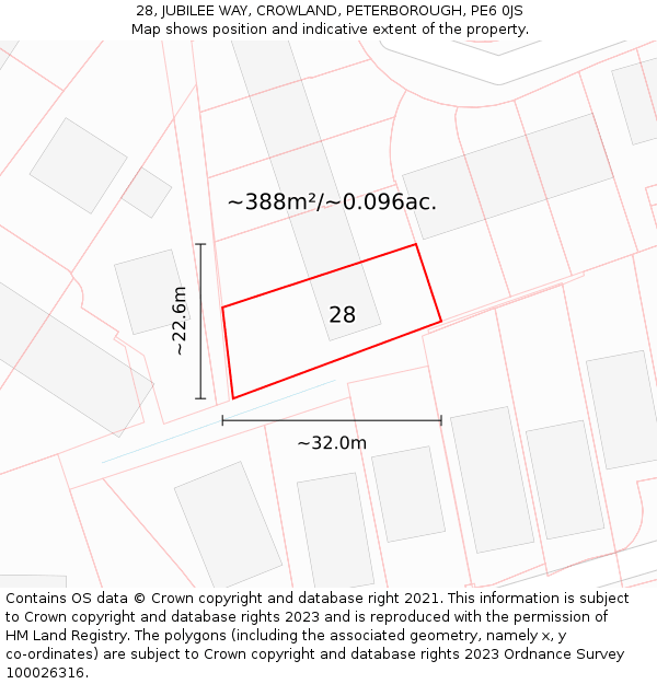 28, JUBILEE WAY, CROWLAND, PETERBOROUGH, PE6 0JS: Plot and title map