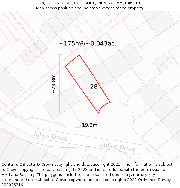 28, JULIUS DRIVE, COLESHILL, BIRMINGHAM, B46 1HL: Plot and title map