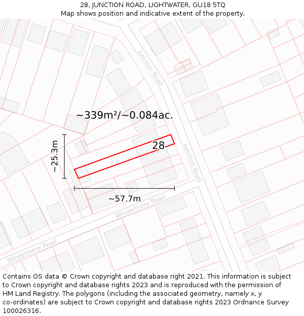 28, JUNCTION ROAD, LIGHTWATER, GU18 5TQ: Plot and title map