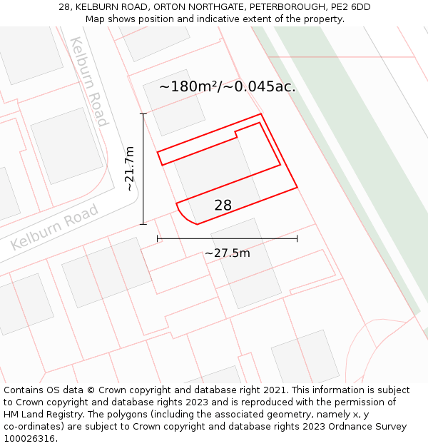 28, KELBURN ROAD, ORTON NORTHGATE, PETERBOROUGH, PE2 6DD: Plot and title map