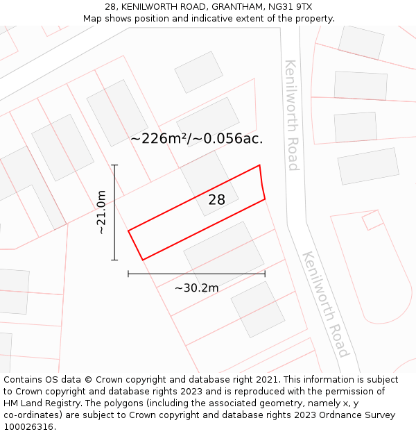 28, KENILWORTH ROAD, GRANTHAM, NG31 9TX: Plot and title map