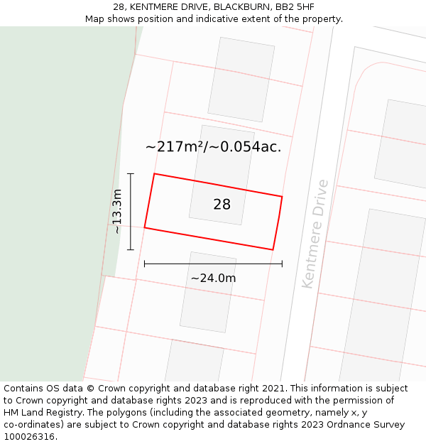 28, KENTMERE DRIVE, BLACKBURN, BB2 5HF: Plot and title map