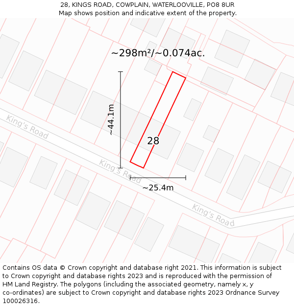 28, KINGS ROAD, COWPLAIN, WATERLOOVILLE, PO8 8UR: Plot and title map