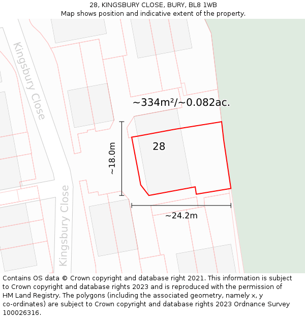 28, KINGSBURY CLOSE, BURY, BL8 1WB: Plot and title map