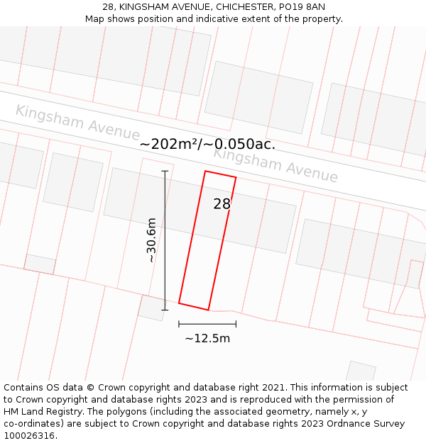 28, KINGSHAM AVENUE, CHICHESTER, PO19 8AN: Plot and title map