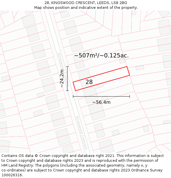 28, KINGSWOOD CRESCENT, LEEDS, LS8 2BG: Plot and title map