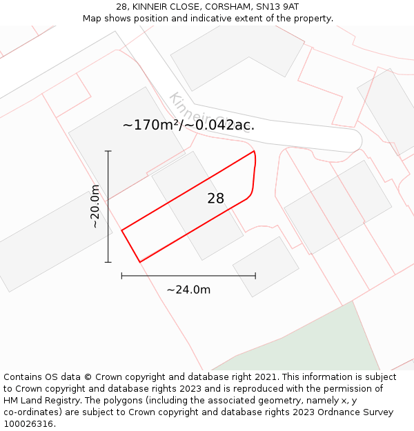 28, KINNEIR CLOSE, CORSHAM, SN13 9AT: Plot and title map