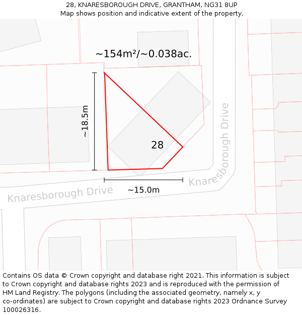 28, KNARESBOROUGH DRIVE, GRANTHAM, NG31 8UP: Plot and title map