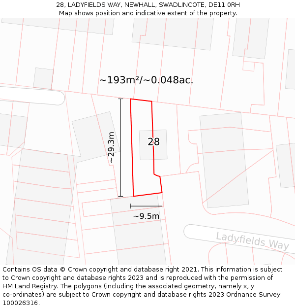 28, LADYFIELDS WAY, NEWHALL, SWADLINCOTE, DE11 0RH: Plot and title map