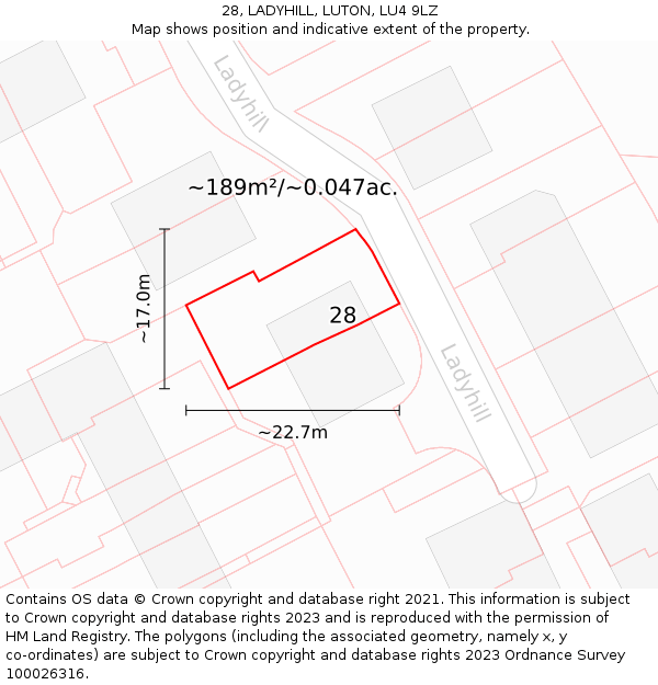 28, LADYHILL, LUTON, LU4 9LZ: Plot and title map