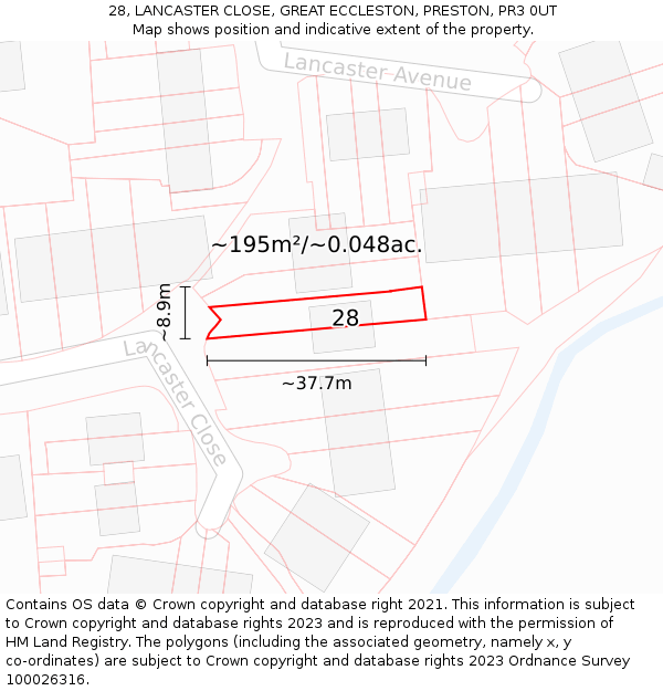 28, LANCASTER CLOSE, GREAT ECCLESTON, PRESTON, PR3 0UT: Plot and title map