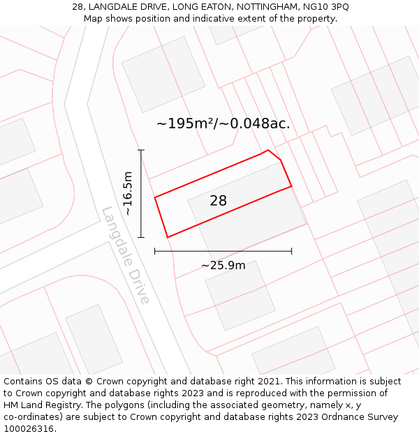 28, LANGDALE DRIVE, LONG EATON, NOTTINGHAM, NG10 3PQ: Plot and title map