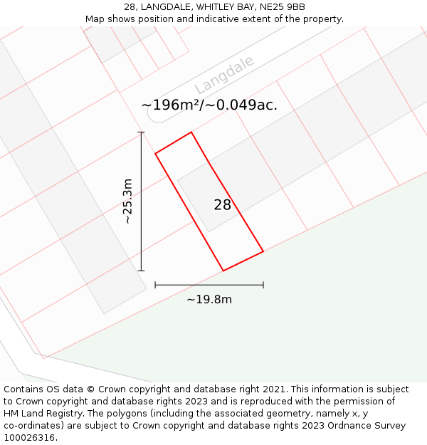 28, LANGDALE, WHITLEY BAY, NE25 9BB: Plot and title map