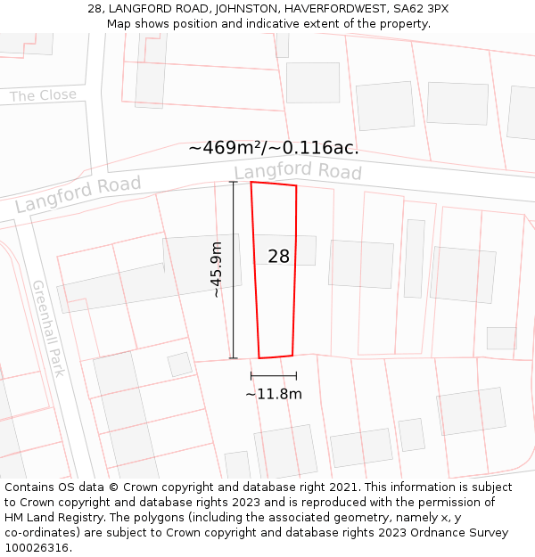 28, LANGFORD ROAD, JOHNSTON, HAVERFORDWEST, SA62 3PX: Plot and title map