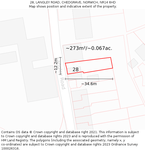 28, LANGLEY ROAD, CHEDGRAVE, NORWICH, NR14 6HD: Plot and title map