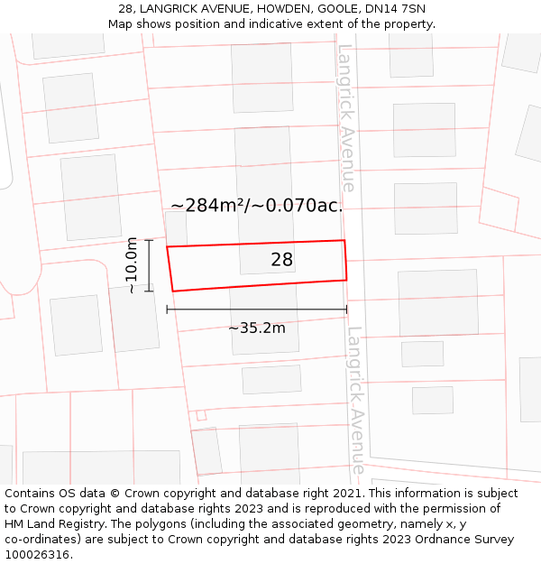 28, LANGRICK AVENUE, HOWDEN, GOOLE, DN14 7SN: Plot and title map