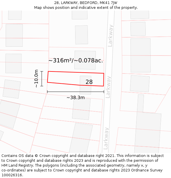 28, LARKWAY, BEDFORD, MK41 7JW: Plot and title map