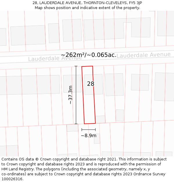 28, LAUDERDALE AVENUE, THORNTON-CLEVELEYS, FY5 3JP: Plot and title map