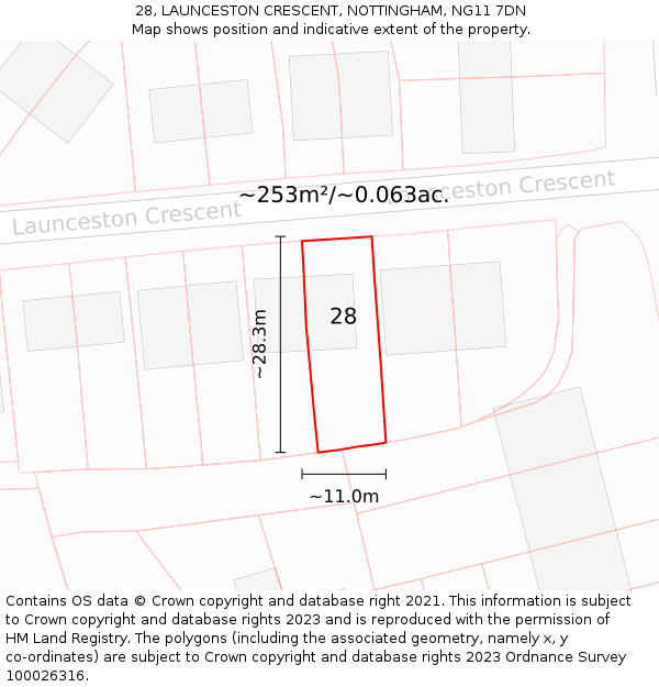 28, LAUNCESTON CRESCENT, NOTTINGHAM, NG11 7DN: Plot and title map