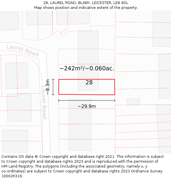 28, LAUREL ROAD, BLABY, LEICESTER, LE8 4DL: Plot and title map