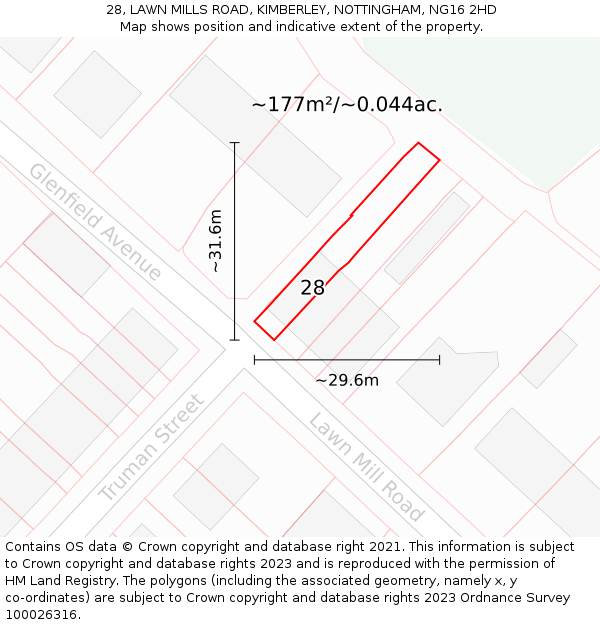 28, LAWN MILLS ROAD, KIMBERLEY, NOTTINGHAM, NG16 2HD: Plot and title map