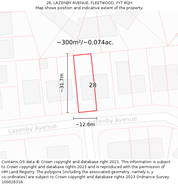 28, LAZENBY AVENUE, FLEETWOOD, FY7 8QH: Plot and title map