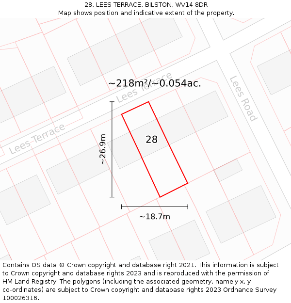 28, LEES TERRACE, BILSTON, WV14 8DR: Plot and title map