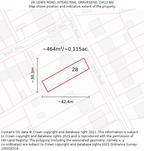 28, LEWIS ROAD, ISTEAD RISE, GRAVESEND, DA13 9JG: Plot and title map