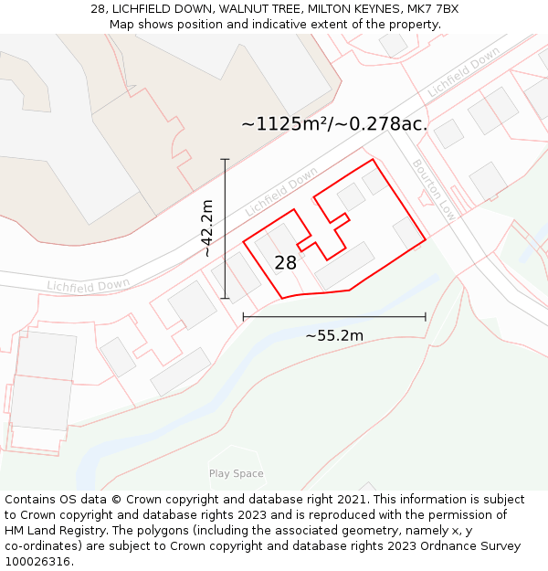 28, LICHFIELD DOWN, WALNUT TREE, MILTON KEYNES, MK7 7BX: Plot and title map