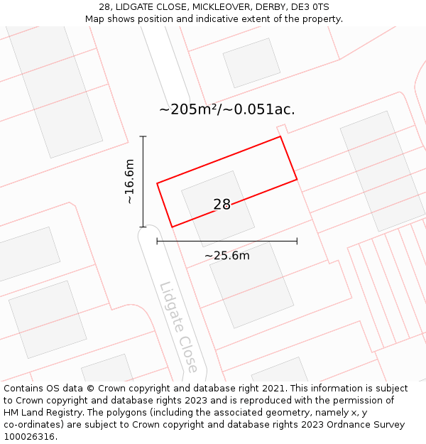 28, LIDGATE CLOSE, MICKLEOVER, DERBY, DE3 0TS: Plot and title map