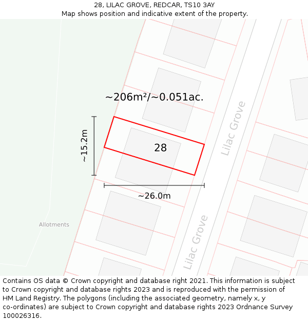 28, LILAC GROVE, REDCAR, TS10 3AY: Plot and title map