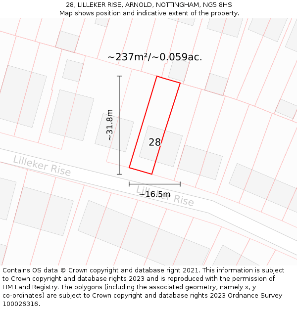 28, LILLEKER RISE, ARNOLD, NOTTINGHAM, NG5 8HS: Plot and title map