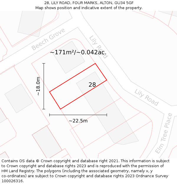 28, LILY ROAD, FOUR MARKS, ALTON, GU34 5GF: Plot and title map