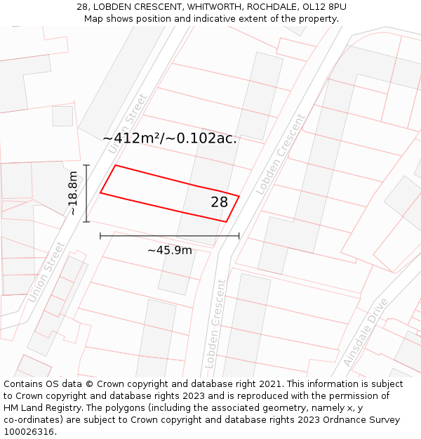 28, LOBDEN CRESCENT, WHITWORTH, ROCHDALE, OL12 8PU: Plot and title map