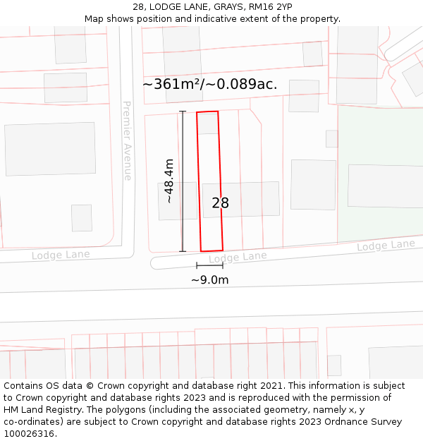 28, LODGE LANE, GRAYS, RM16 2YP: Plot and title map