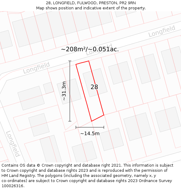 28, LONGFIELD, FULWOOD, PRESTON, PR2 9RN: Plot and title map