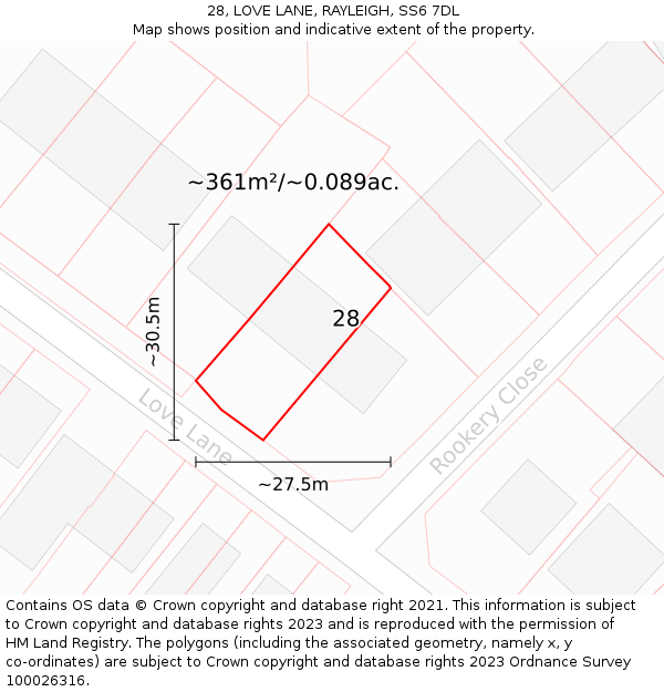 28, LOVE LANE, RAYLEIGH, SS6 7DL: Plot and title map