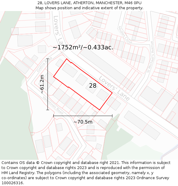 28, LOVERS LANE, ATHERTON, MANCHESTER, M46 0PU: Plot and title map