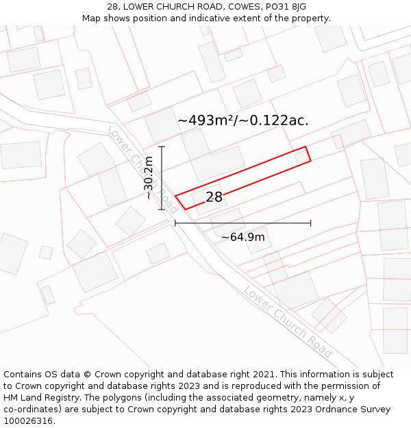 28, LOWER CHURCH ROAD, COWES, PO31 8JG: Plot and title map