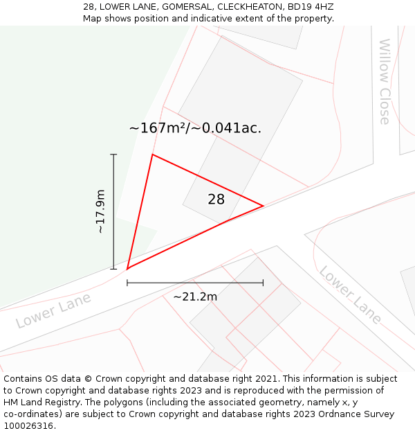 28, LOWER LANE, GOMERSAL, CLECKHEATON, BD19 4HZ: Plot and title map