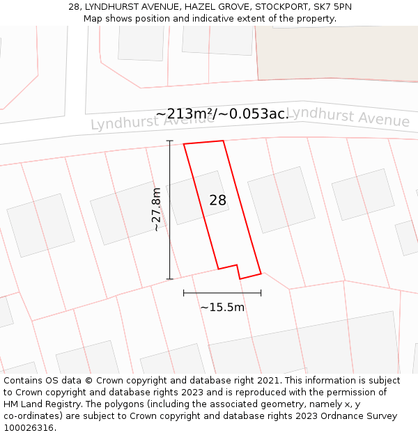 28, LYNDHURST AVENUE, HAZEL GROVE, STOCKPORT, SK7 5PN: Plot and title map