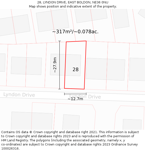 28, LYNDON DRIVE, EAST BOLDON, NE36 0NU: Plot and title map