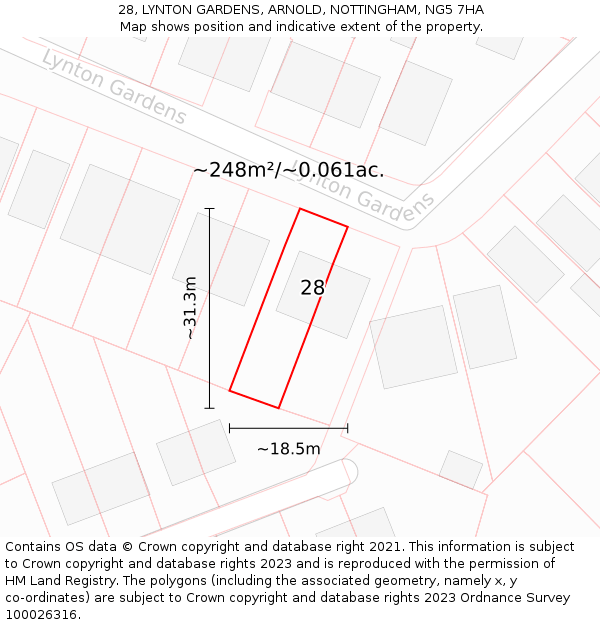 28, LYNTON GARDENS, ARNOLD, NOTTINGHAM, NG5 7HA: Plot and title map