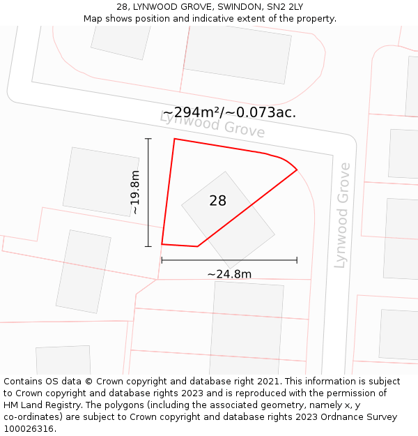 28, LYNWOOD GROVE, SWINDON, SN2 2LY: Plot and title map