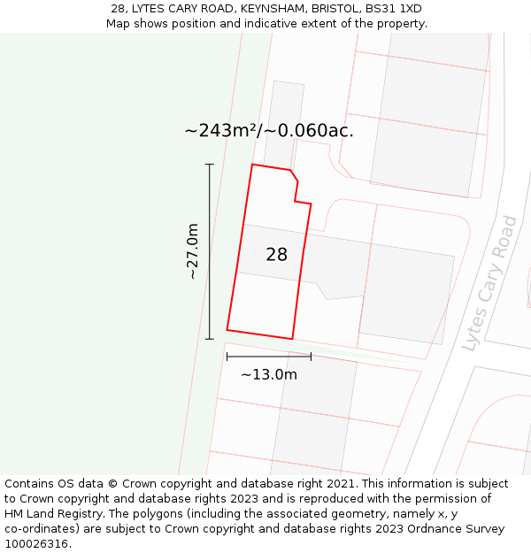 28, LYTES CARY ROAD, KEYNSHAM, BRISTOL, BS31 1XD: Plot and title map